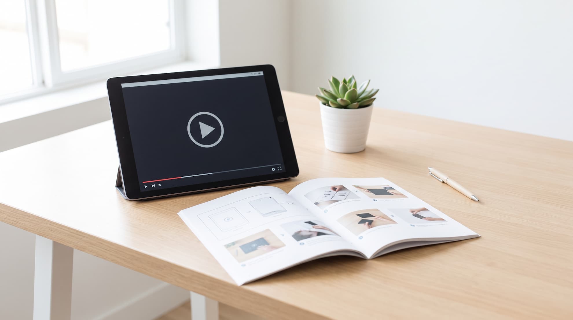 研修マニュアルとタブレットに表示された動画教材