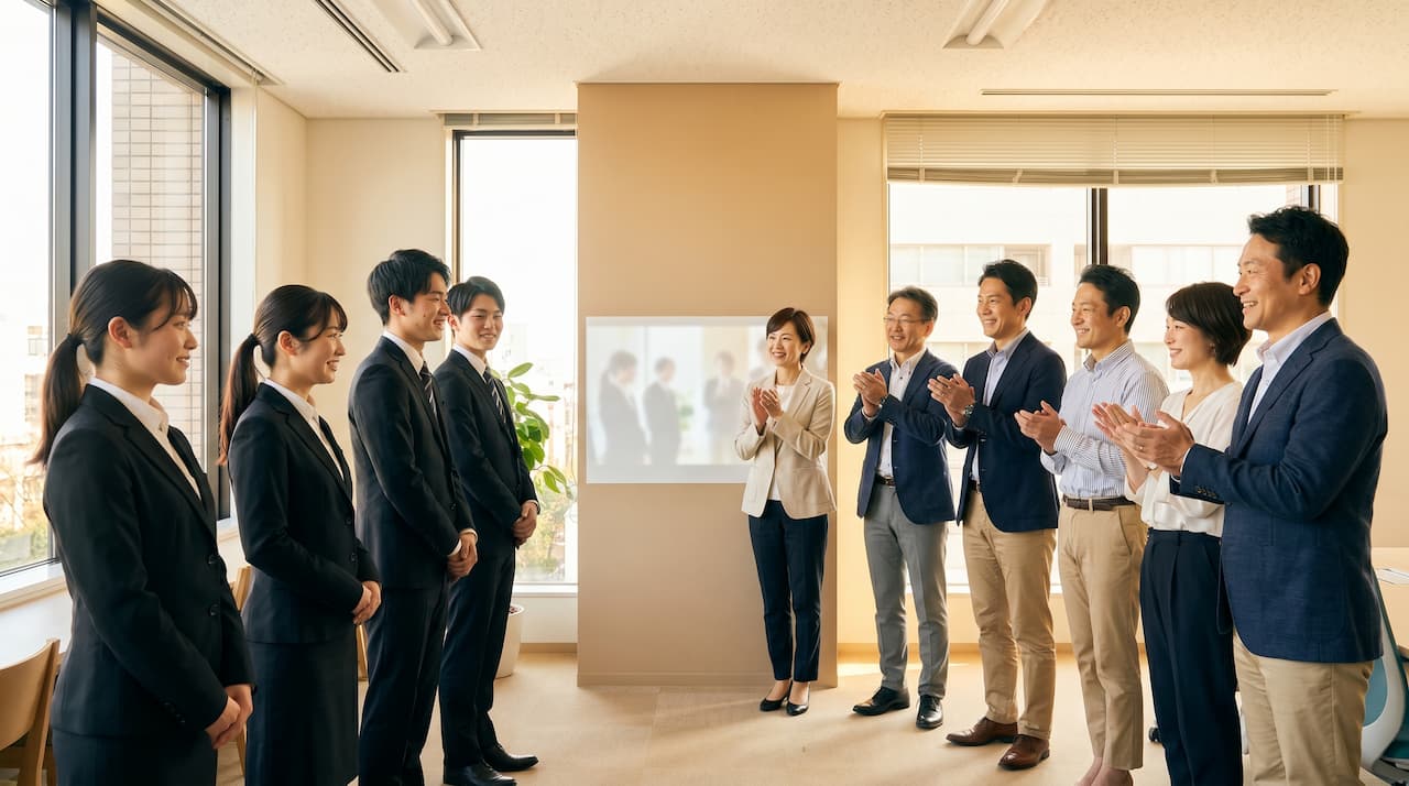 入社式の温かいシーン